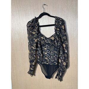 Free People $128 Women Brunch Date Black Floral Smocked Puff Sleeve Bodysuit M